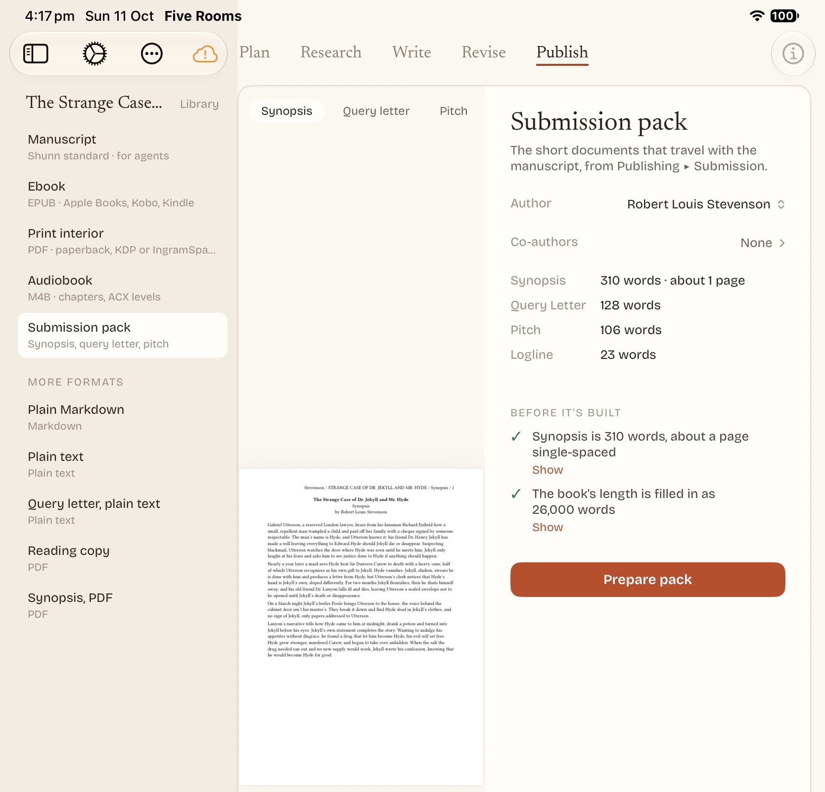 The Publish room: a format chosen, its typeset preview and the checks it passed.