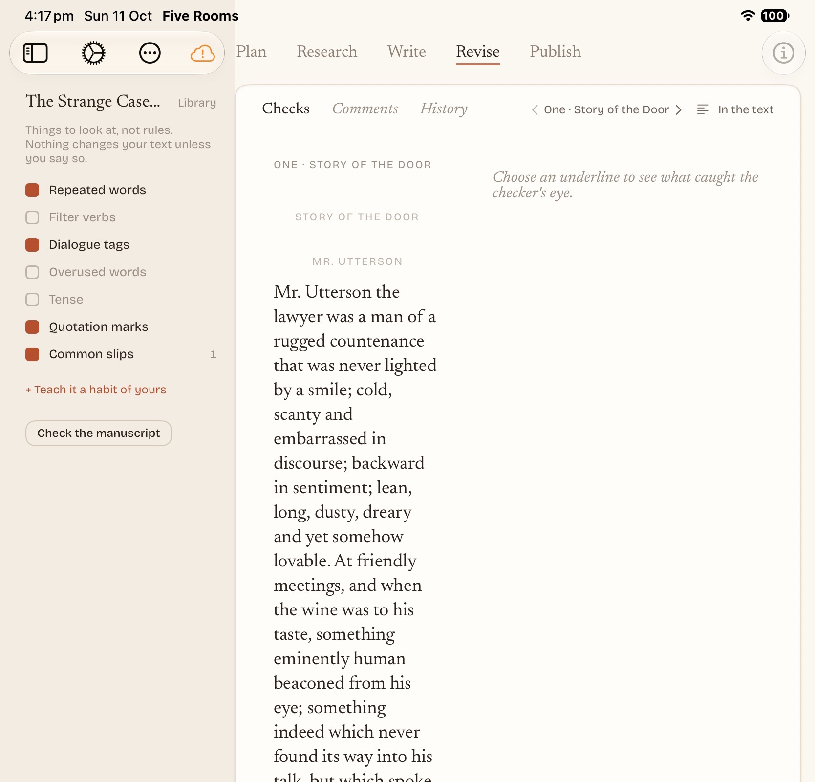 The Revise room: a chapter read with the style checks marked, and the checks listed beside it.