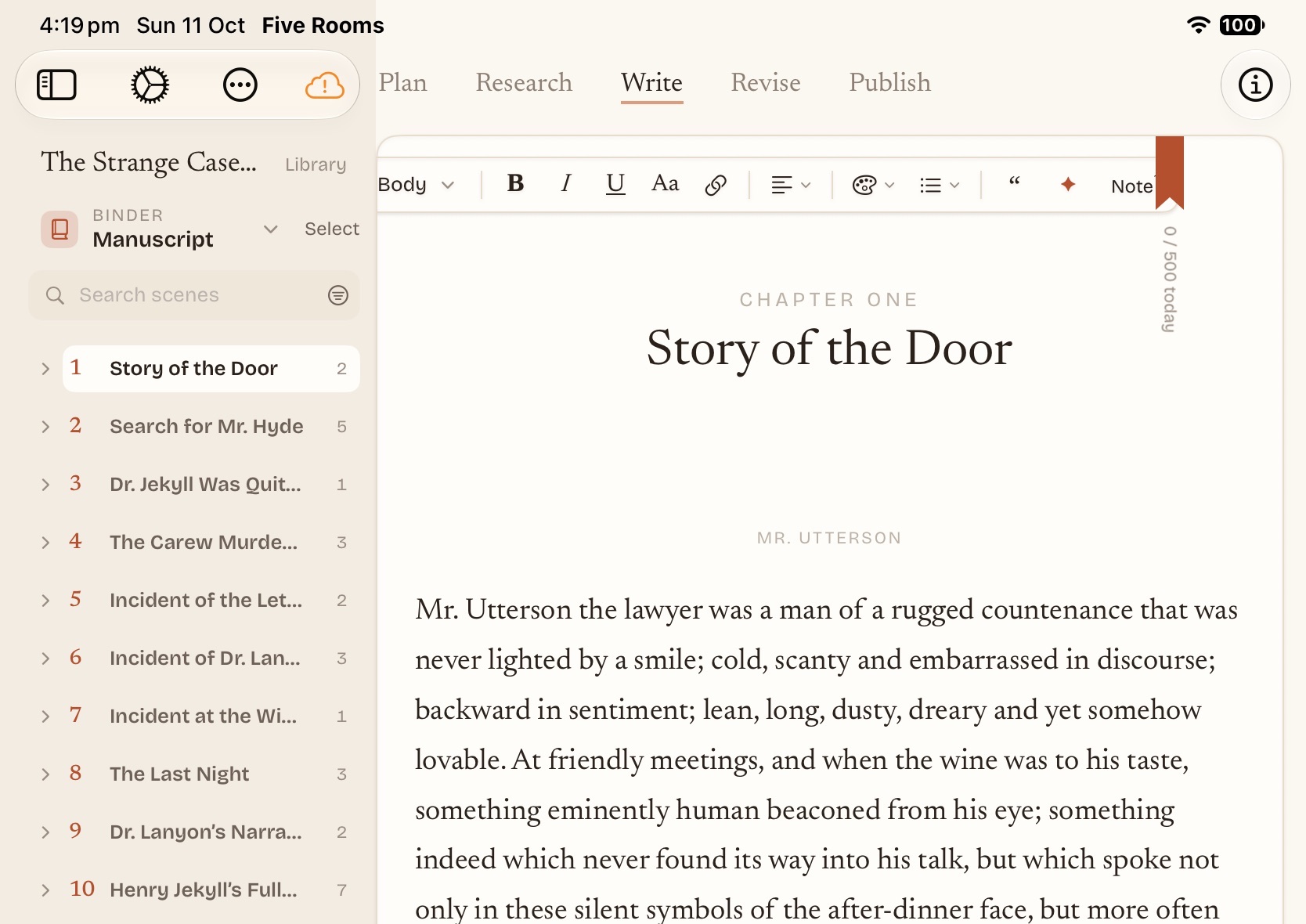 The Write room on an iPad: a chapter of a novel on a warm page, the five rooms across the top, the contents beside it.