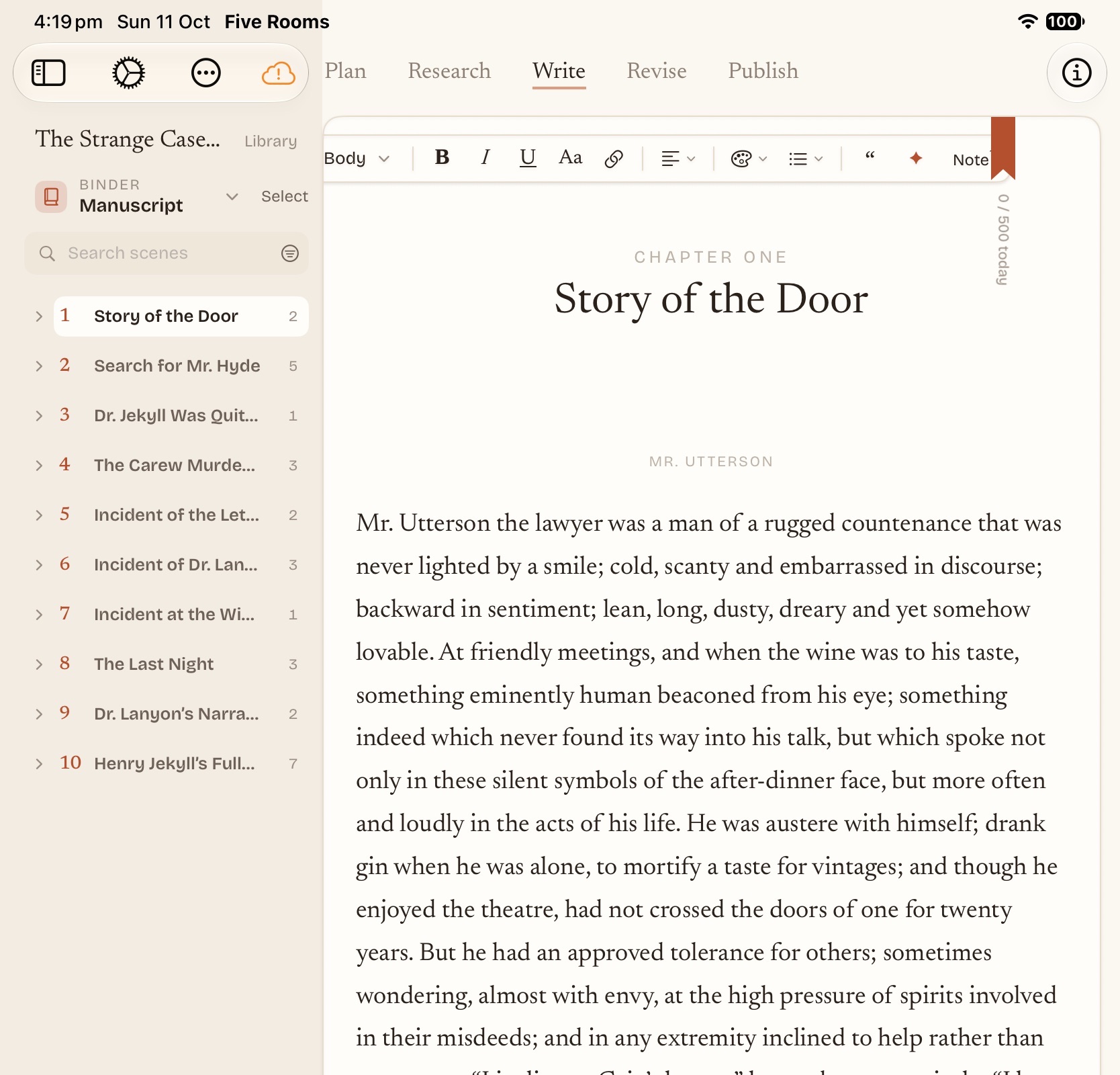 The Write room: the first chapter of a novel, the chapter title set above it.